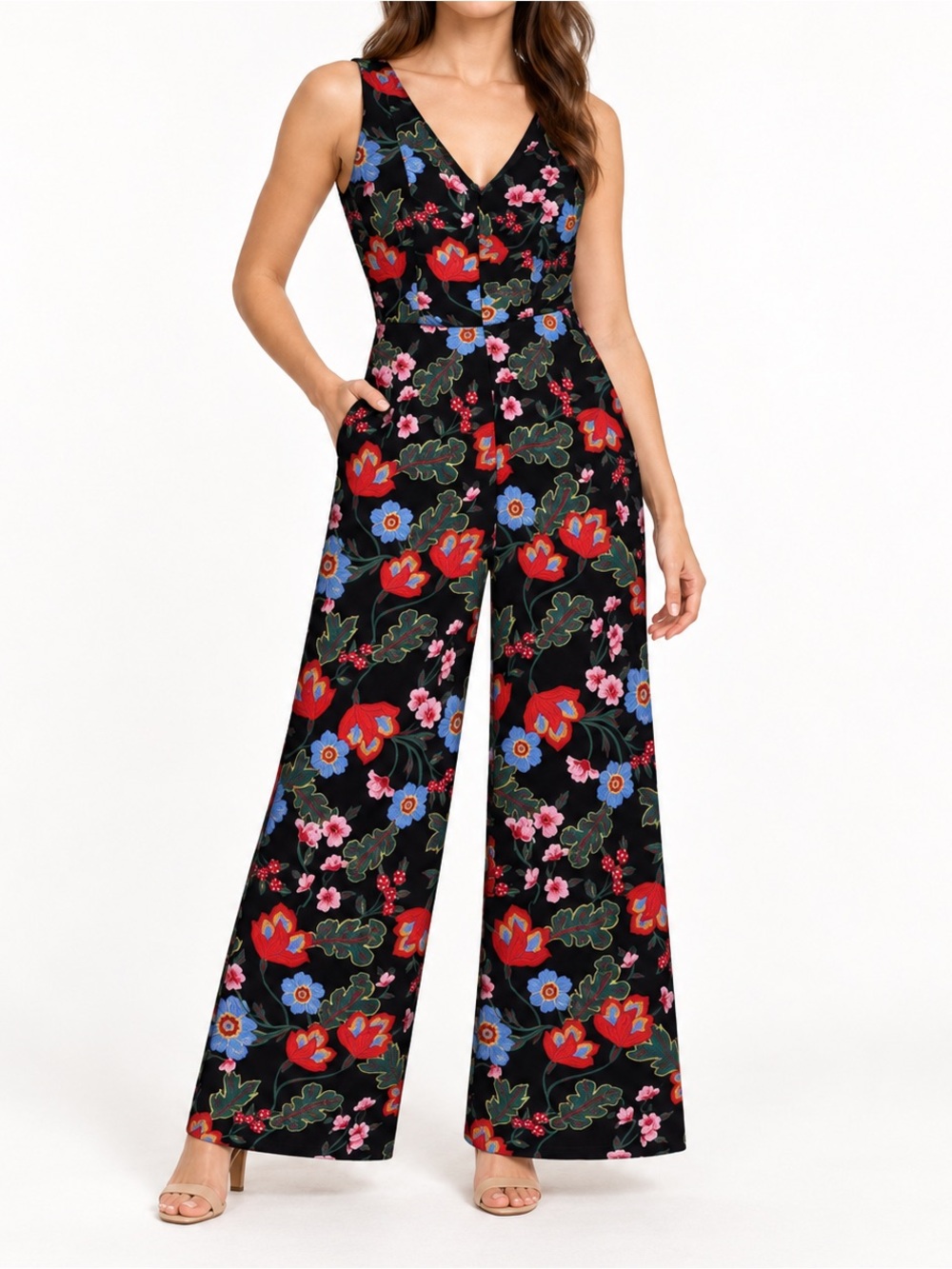 Ann Taylor Factory Floral Wide Leg Jumpsuit Black Petite 4P Sleeveless